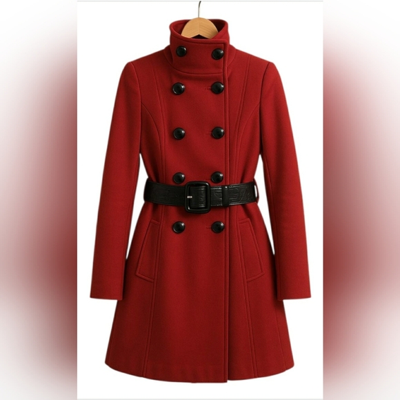 Preppy Retro Hipster Red Wool Small  Baddie Holiday Midi Pea Coat - Picture 5 of 11